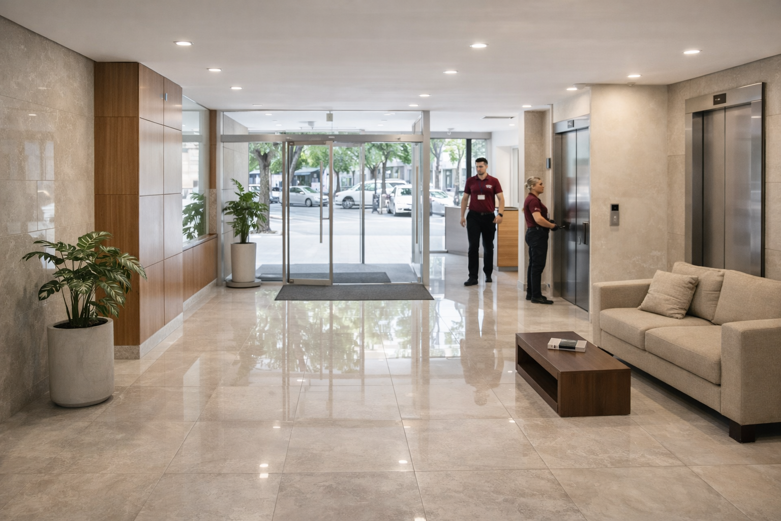 Lobby impecable de un edificio de Rosario después del servicio