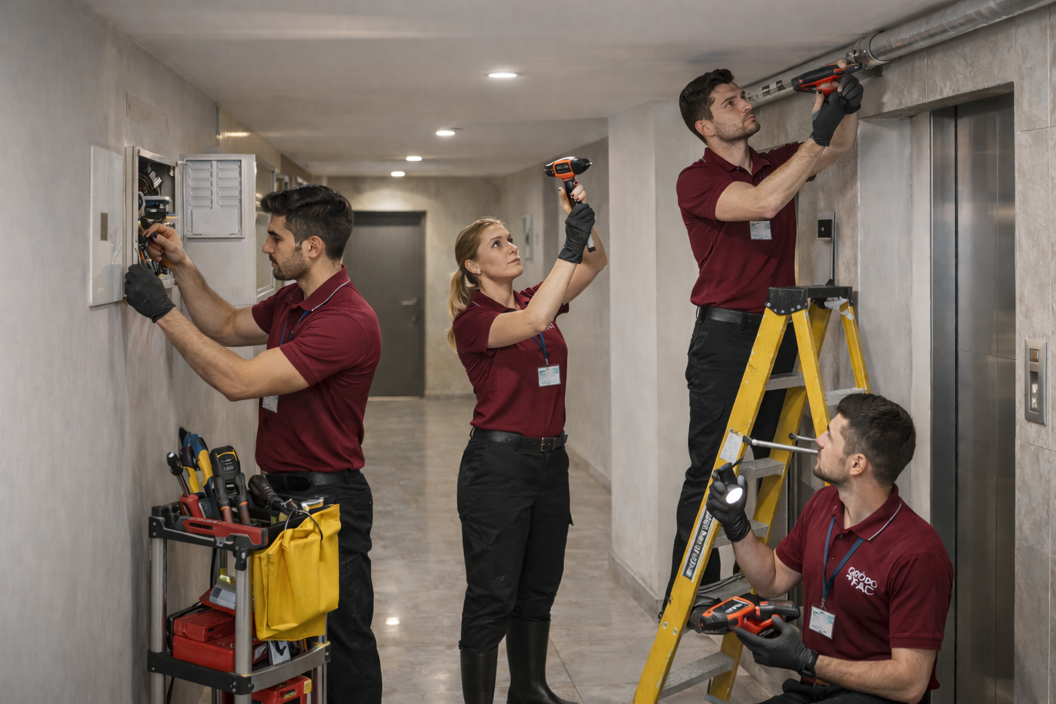 Cuatro personas de Grupo FAC haciendo arreglos y mantenimiento en un edificio