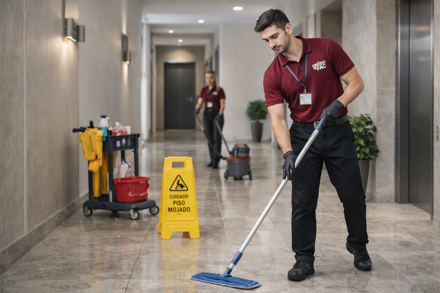 Personal de Grupo FAC realizando limpieza en el palier de un edificio