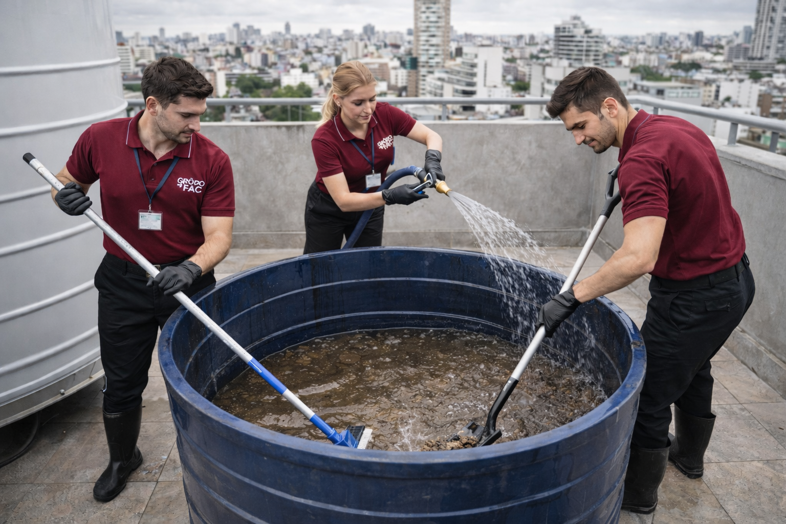 Equipo de Grupo FAC realizando limpieza de tanque en la terraza de un edificio